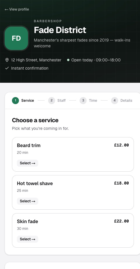 A Bookeze booking page on a phone, showing services and prices
