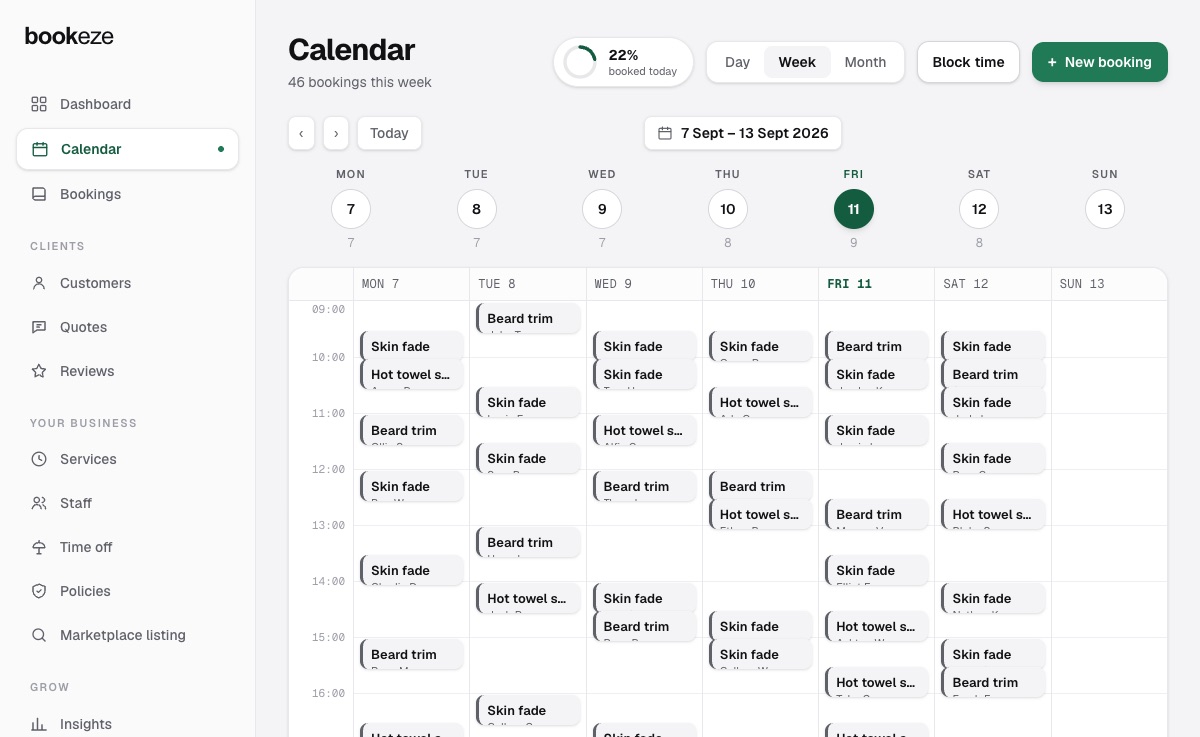 The Bookeze calendar: a busy real week with bookings across every open day