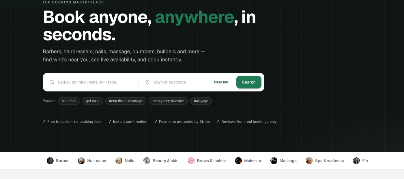 The Bookeze marketplace: search barbers, salons and trades near you, with live availability and instant booking